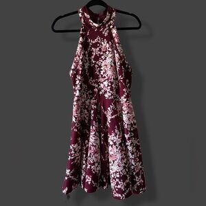 Burgundy Floral Halter Dress – Keyhole Back, Fit & Flare